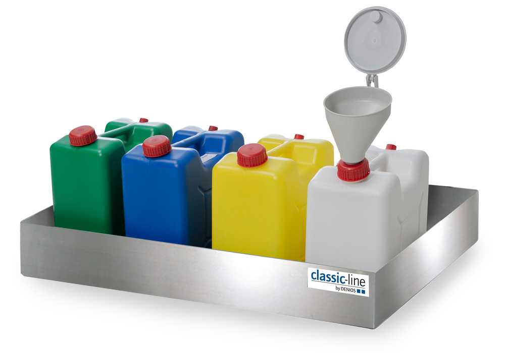 Set: stainless steel spill pallet, with 4 canisters and filling funnel
