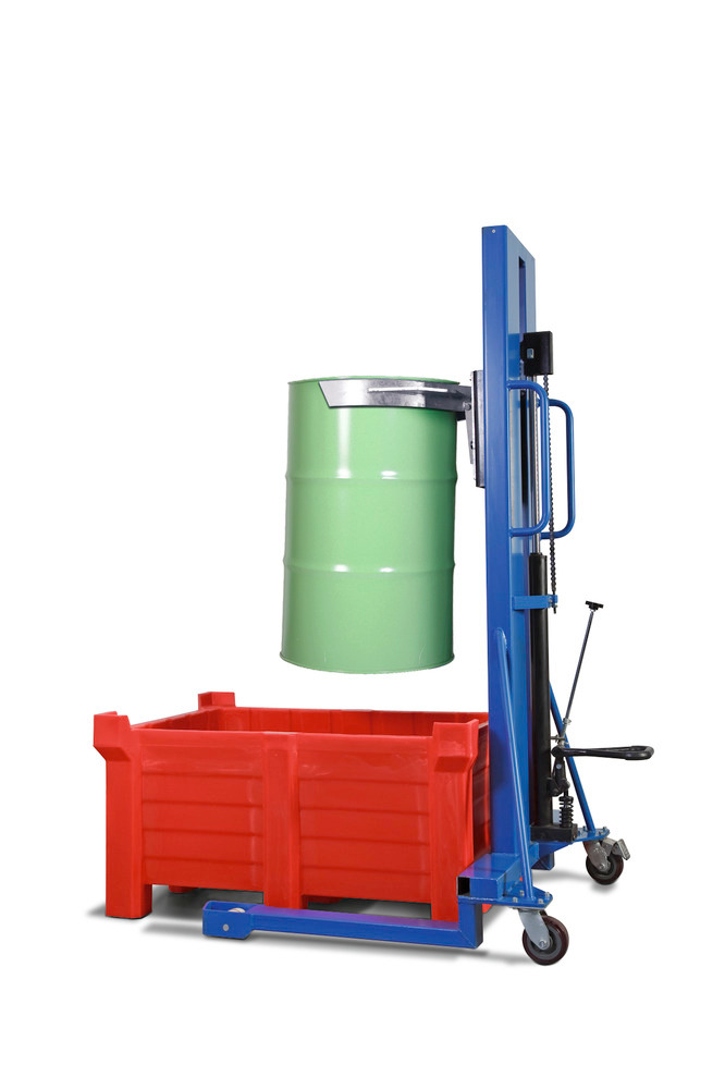 Drum lifter Servo, drum clamp, 205 litre steel drums, wide chassis, lift height 0-1170 mm