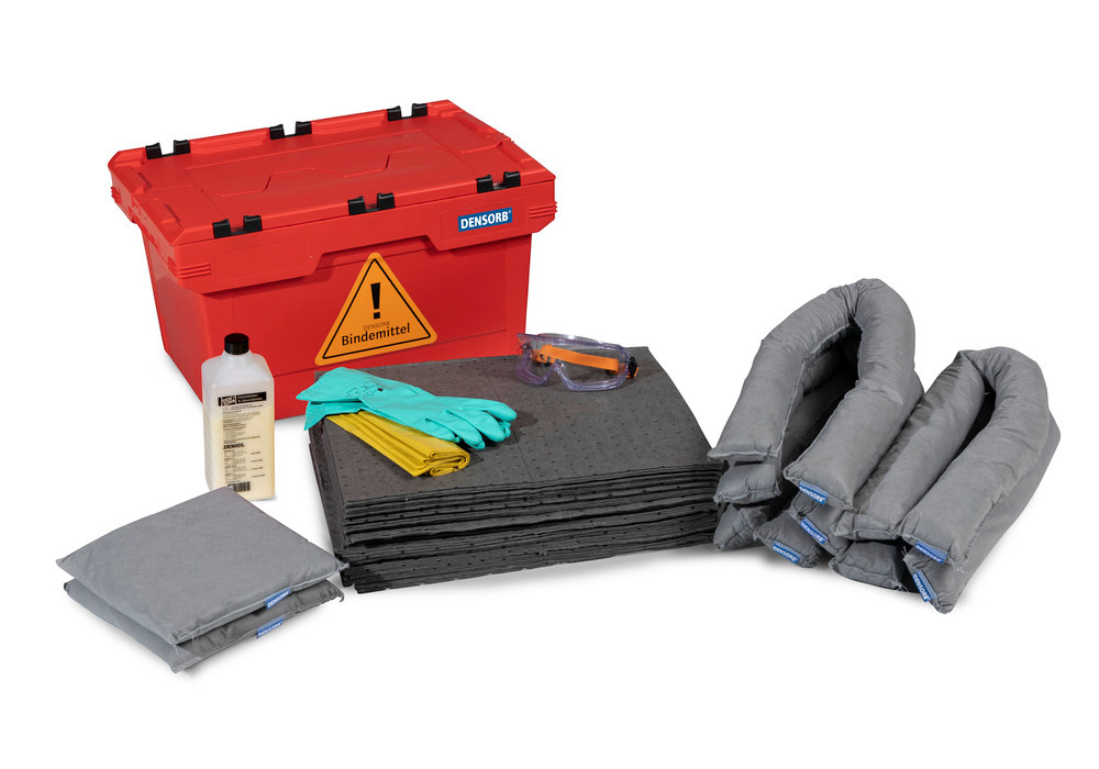 Emergency spill kit in red hinged box, Universal version