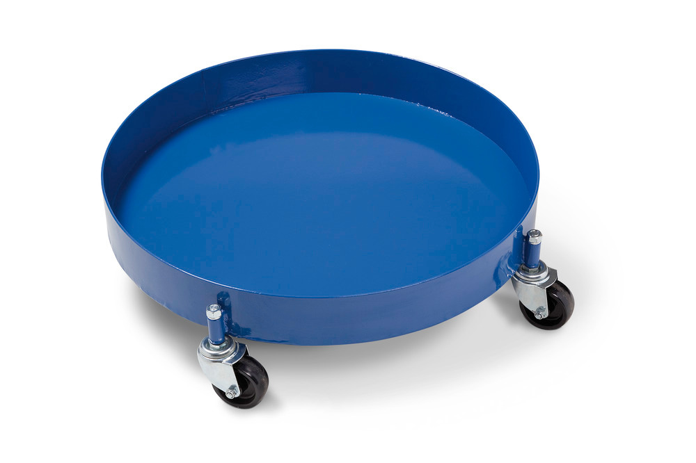 Drum dolly, with oil-tight welded and closed sump pan, for 205 litre drums, 4 swivel castors, blue