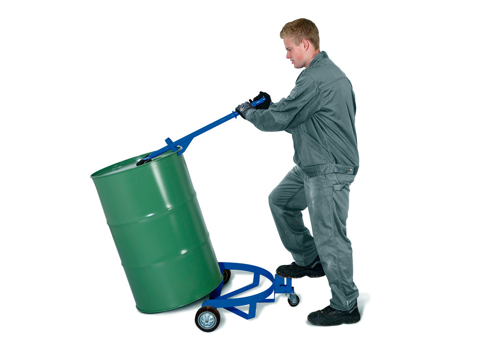 Drum CADDY with a combined handle and lever, for safely lifting the drum while the CADDY is pushed underneath and for easy transport