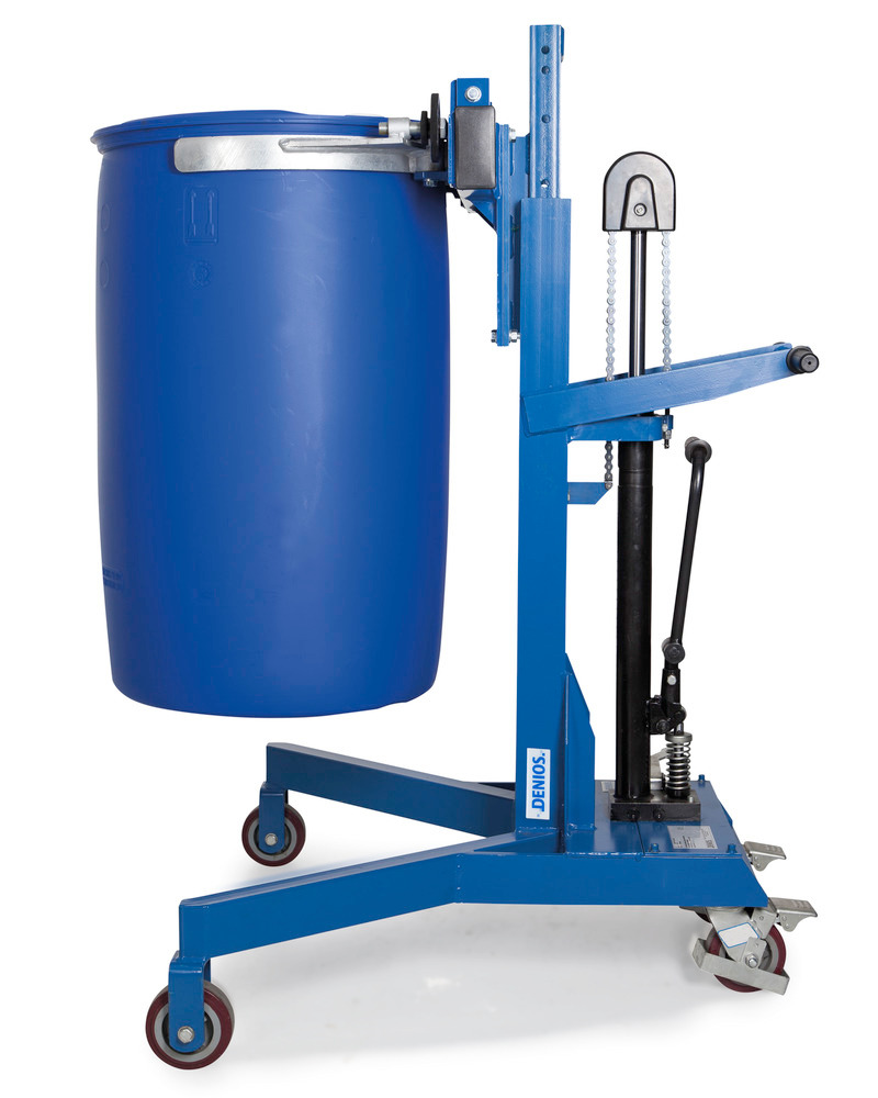 Drum lifter Servo Eco, drum clamp, 205 to 220 litre drums, v-shaped chassis, lift height 0-500 mm