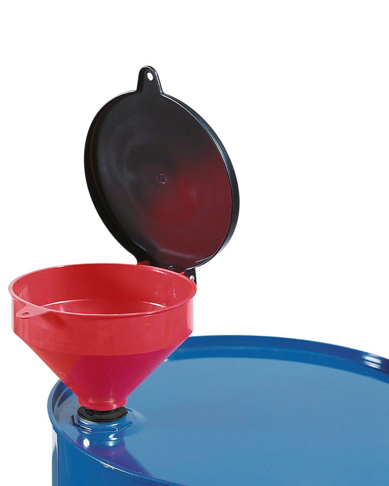 Lockable funnel manufactured from polyethylene for drums with 2" bung holes