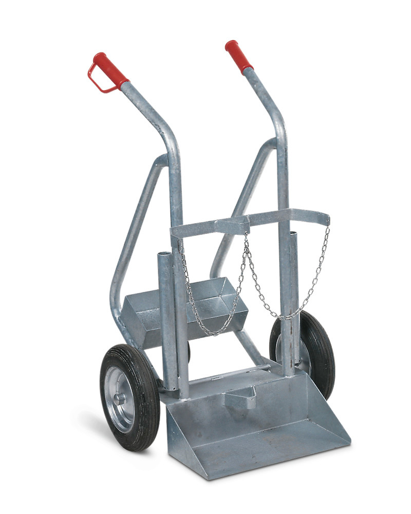 Vozík na ocelové láhve typ GRF-L s opěrným kolečkem, pneumatiky plněné vzduchem, pro 2 láhve