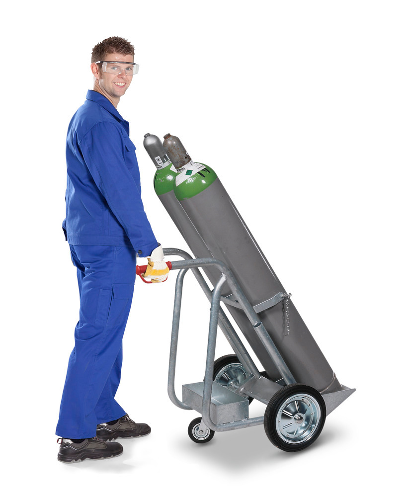 Gas cylinder trolley GFR-L, steel, with stabiliser, for 2 gas cylinders, solid rubber wheels