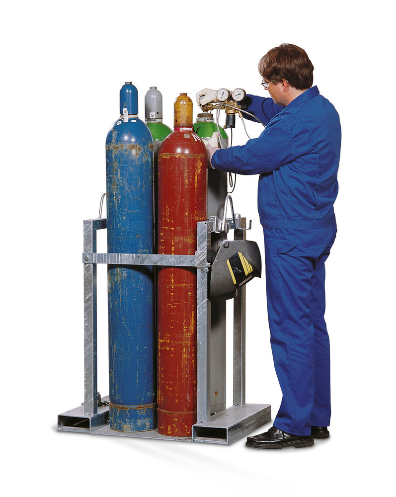 Gas cylinder pallet, galvanized steel, with safety bar, for 4 gas cylinders
