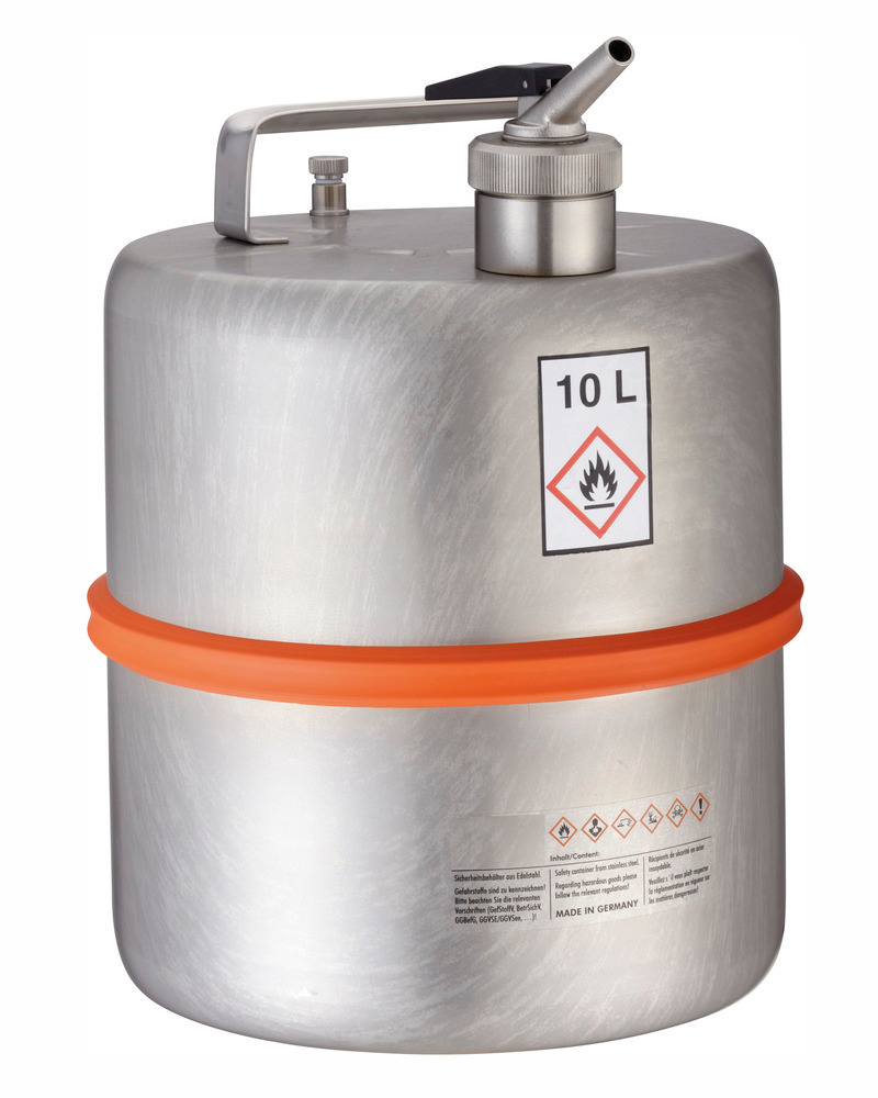 Sikkerhedsbeholder af rustfrit stål, med doseringshane, 10 liters volumen