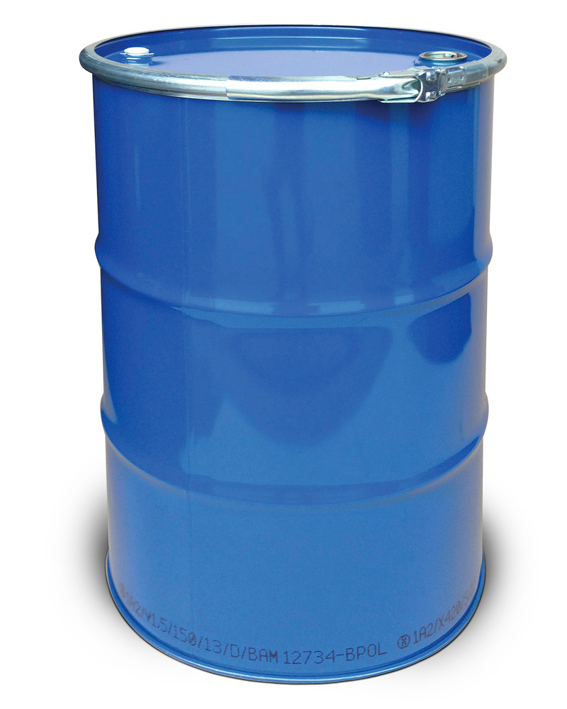 Steel lid drum, 212 litre capacity, interior unpainted, exterior painted, with 2 bungs, UN approved