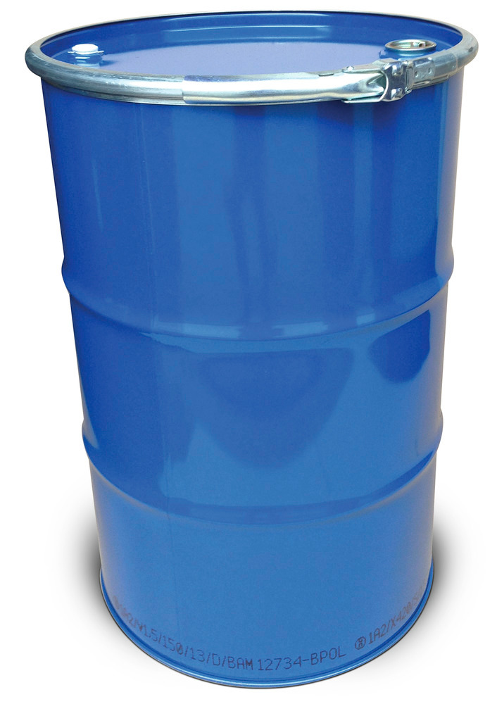 Steel lid drum, 212 litre capacity, interior and exterior painted, with 2 bungs, UN approved