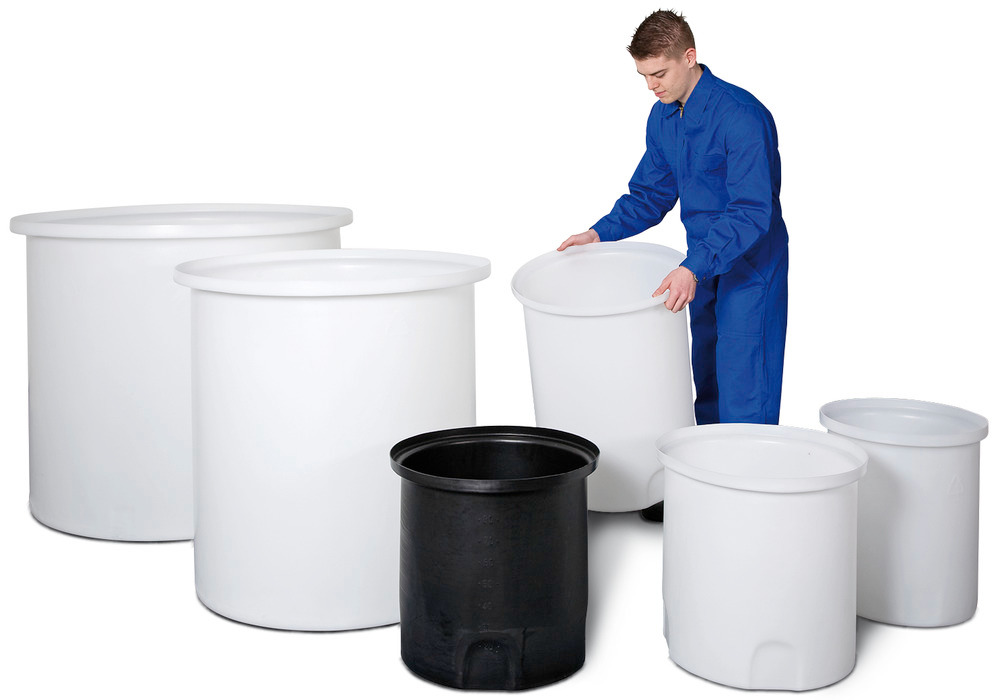 Záchytná vana pro skladovací a dávkovací nádoby, přírodní nebo černá, s objemem 80 až 1000 litrů.