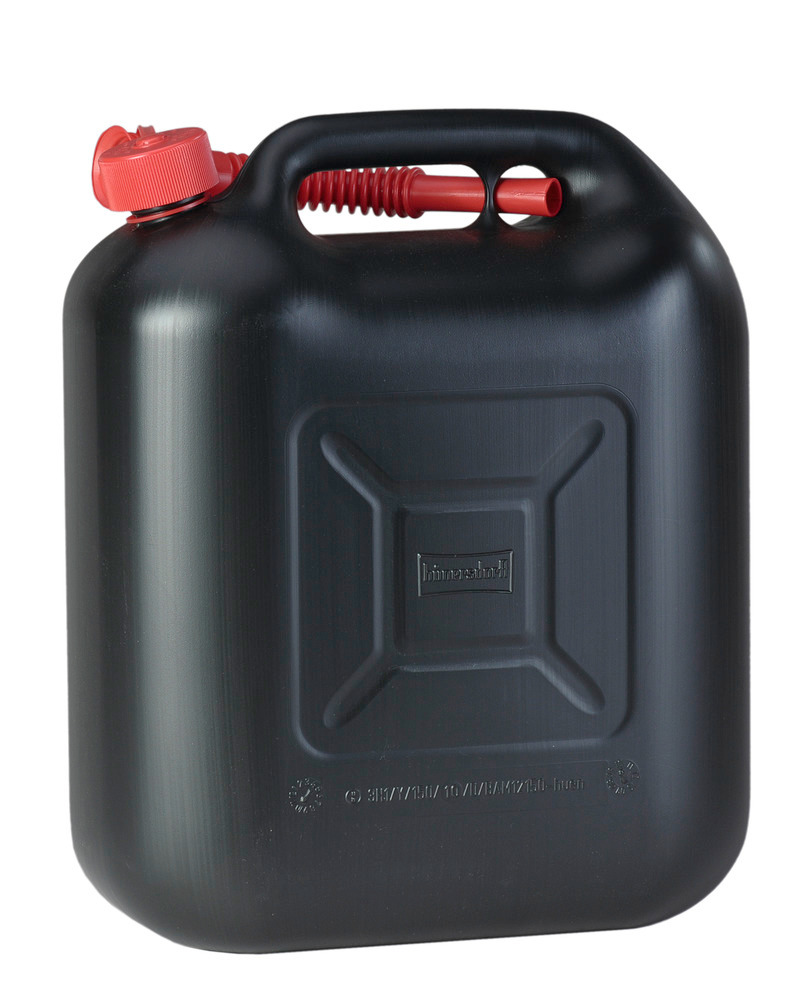 Kunststof jerrycan (zwart) met schenktuit (rood), UN-goedgekeurd, inhoud 20 liter