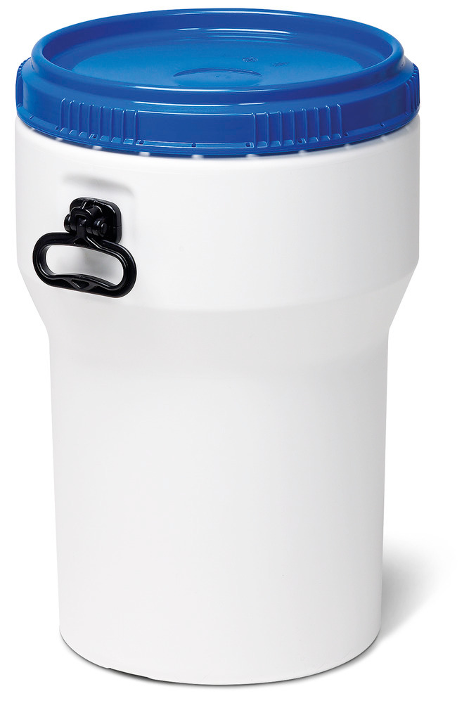 Wide necked drum, plastic, 40 l, white/ blue, nesting, with UN approval, with lid