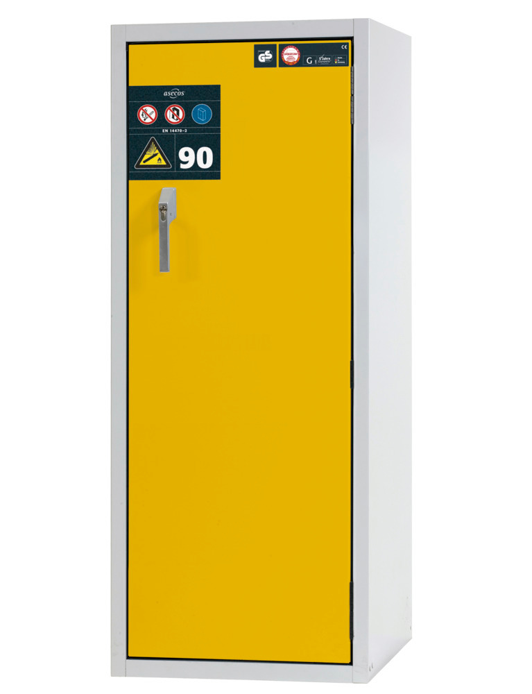 Brandklassat skåp för gasflaskor asecos G90.6-10, bredd 600 mm, högerhängd dörr, grå/gul