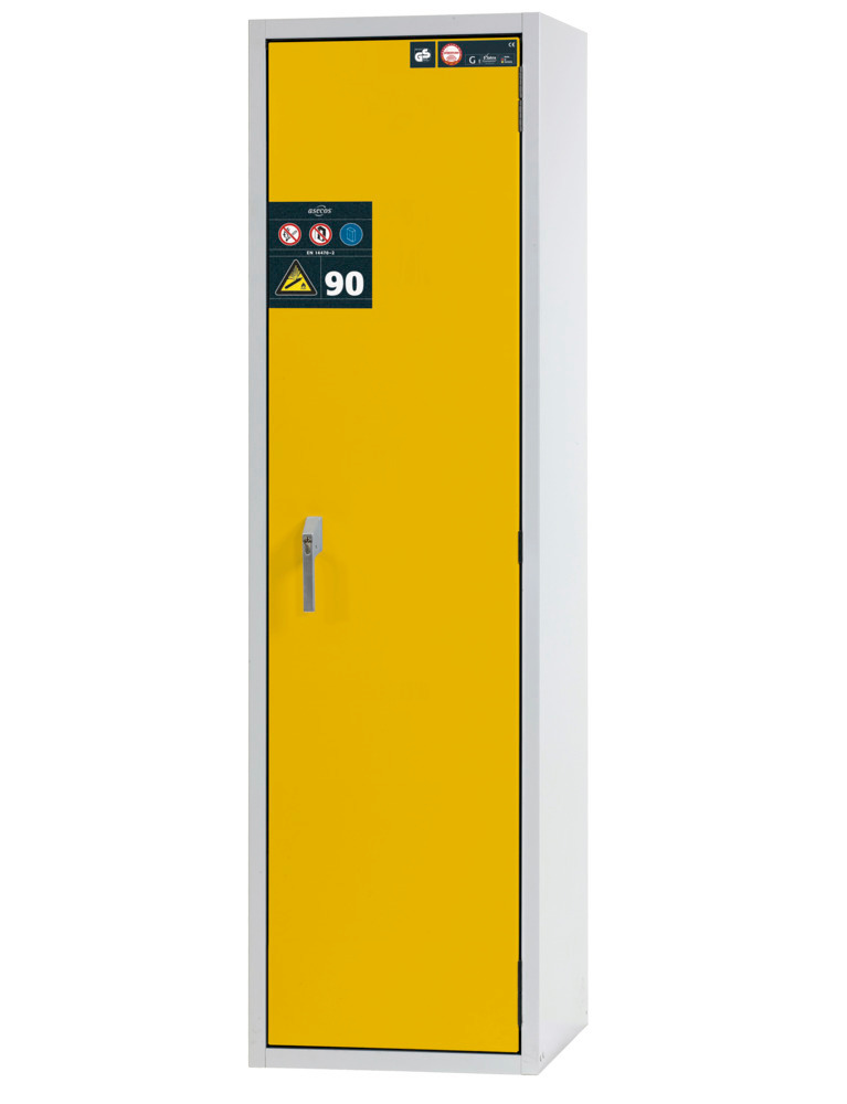 Brandklassat skåp för gasflaskor asecos G90.6, bredd 600 mm, högerhängd dörr, grå/gul