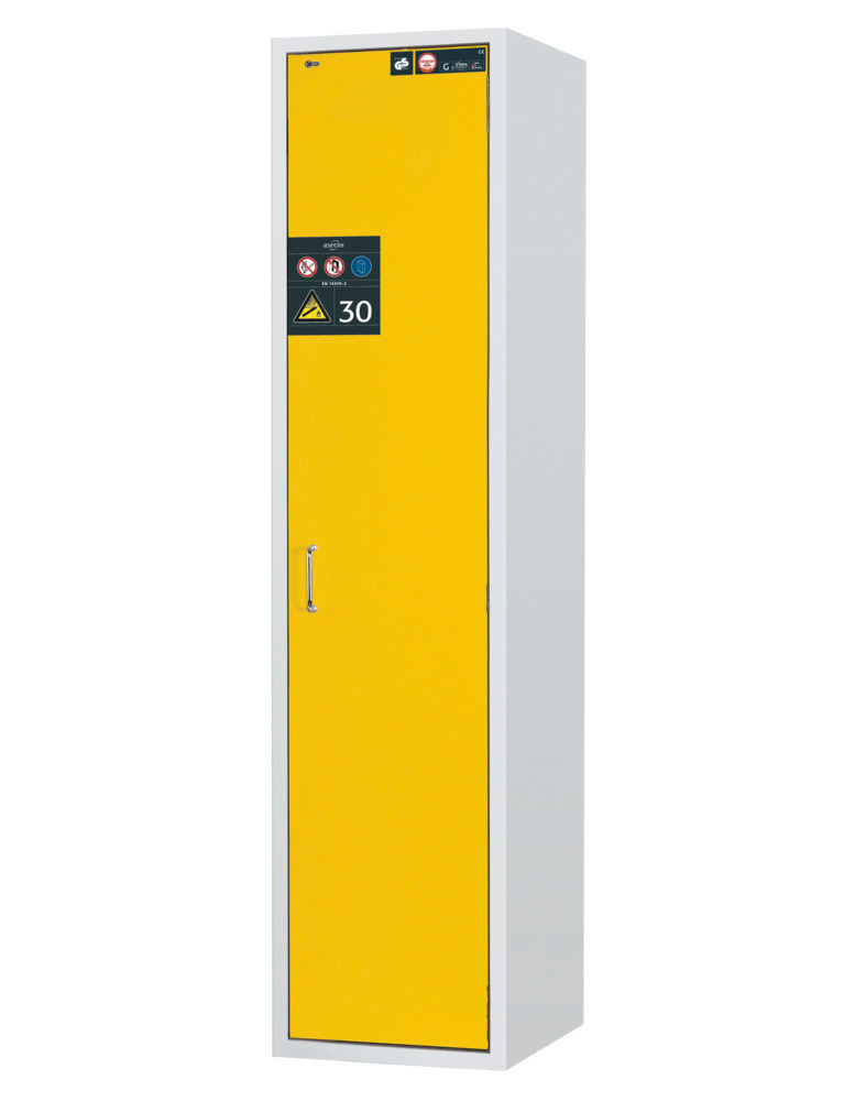Brandklassat skåp för gasflaskor asecos G30.6, bredd 600 mm, högerhängd dörr, grå/gul