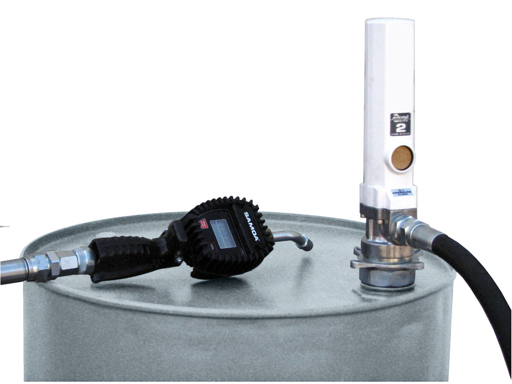 Pumpe type DP til 200 liters tromler, gennemløbsmåler fås som tilbehør.