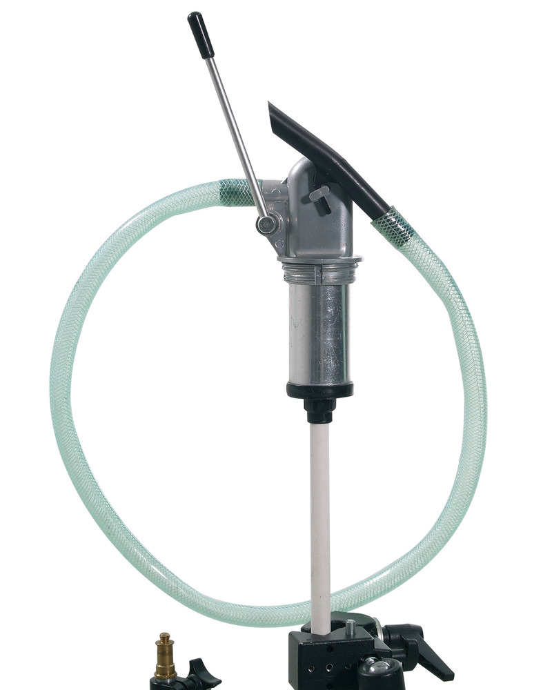 Lever drum pump made from zinc die cast, with PVC hose and discharge elbow, 700 mm diving depth