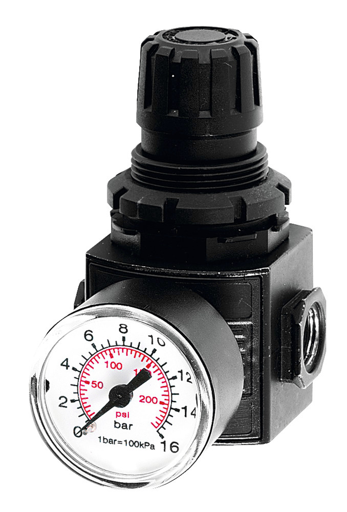 Druckminderer G1/4" für Druckluftpumpen DP, Manometer 0-12 bar, mit Kupplung-Stecker und -Dose