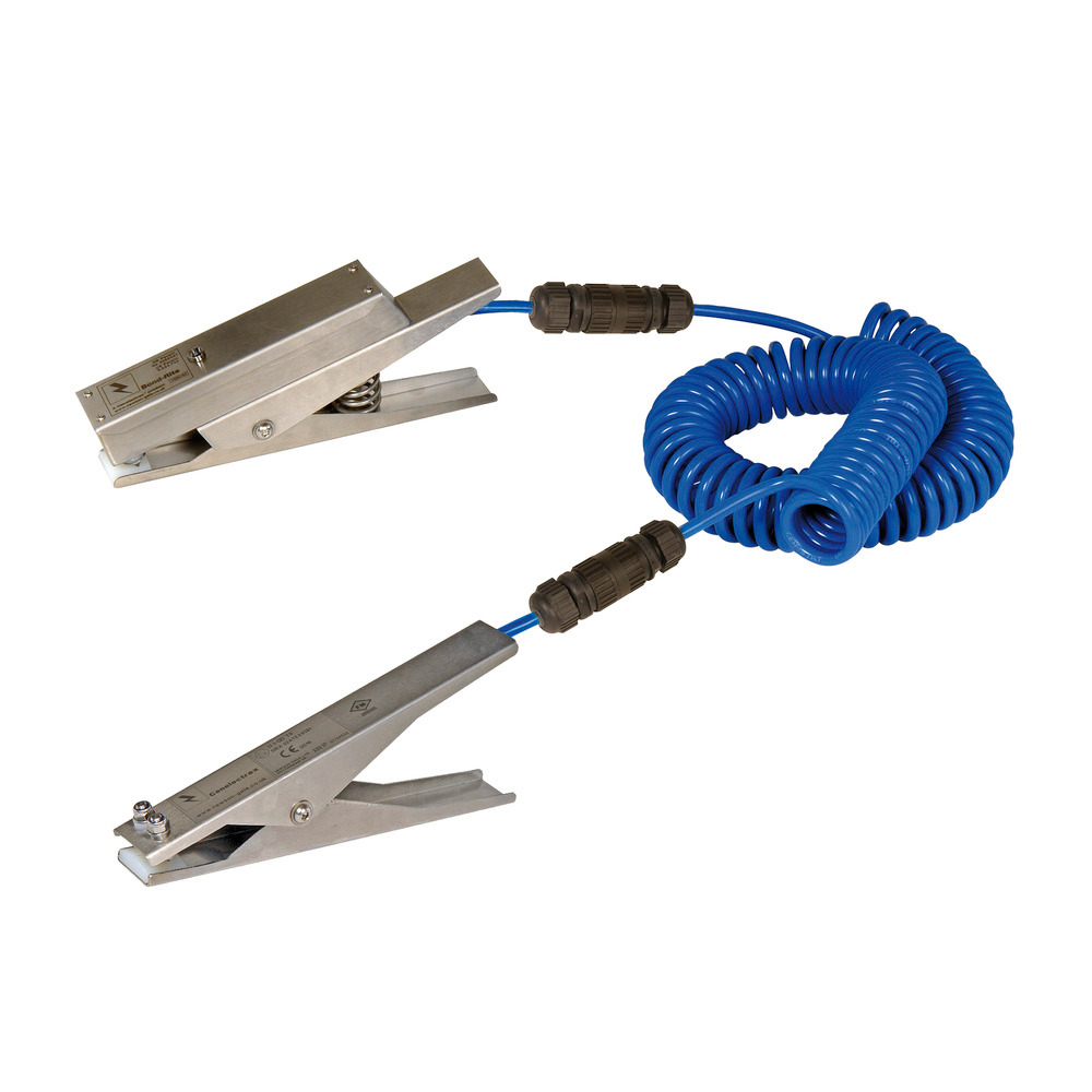 Model EZ with 2 clamps Portable and safe – connects 2 containers or 1 container, tanker etc To earthing point and indicates via an LED when both clamps have safe contact