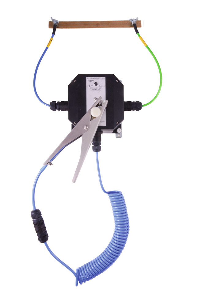 Erdungsstation Typ BD, zur Wandmontage - mit LED, praktischer Zangenhalterung und Schnellkupplung (einfacher Austausch von Kabel oder Zange)