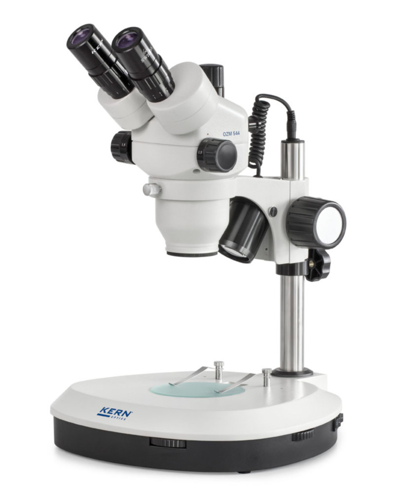 Microscopio estereoscópico con zoom KERN Optics OZM 544, trinocular, lente 0,7 x - 4,5 x, pedestal