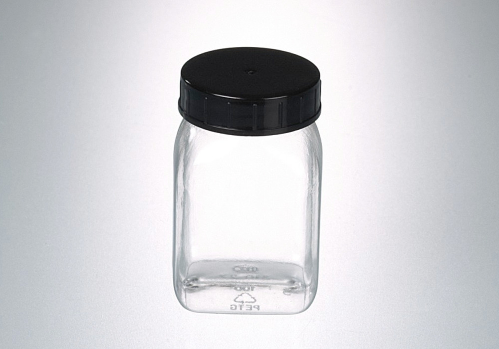 4-Kant-Weithalsdose aus PETG, glasklar, mit Schraubverschluss