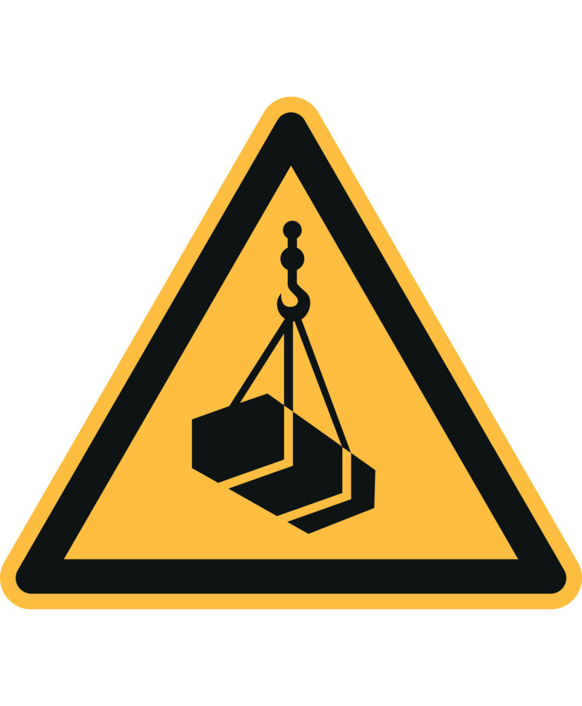 Znak ostrzegawczy Uwaga, wiszące ciężary, ISO 7010, folia samoprzylepna, 100 mm, opak. = 20 szt.