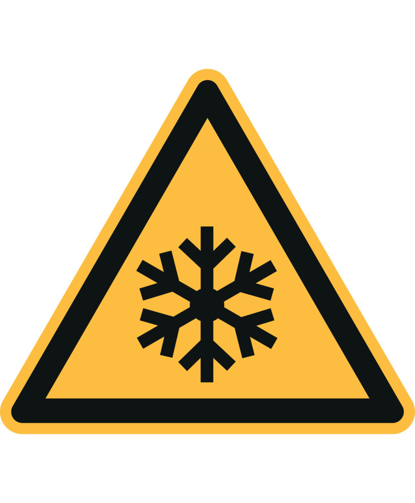 Advarselsskilt advarsel mod lave temperaturer/frost, ISO 7010, folie, selvklæbende, 100 mm, 20 stk.