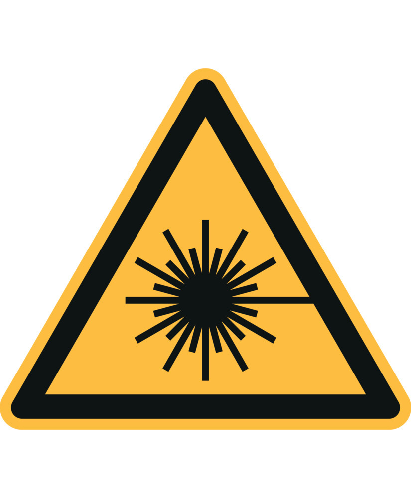 Znak ostrzegawczy „Uwaga, promień lasera”, ISO 7010, folia samoprzylepna, 100 mm, opak. = 20 szt.
