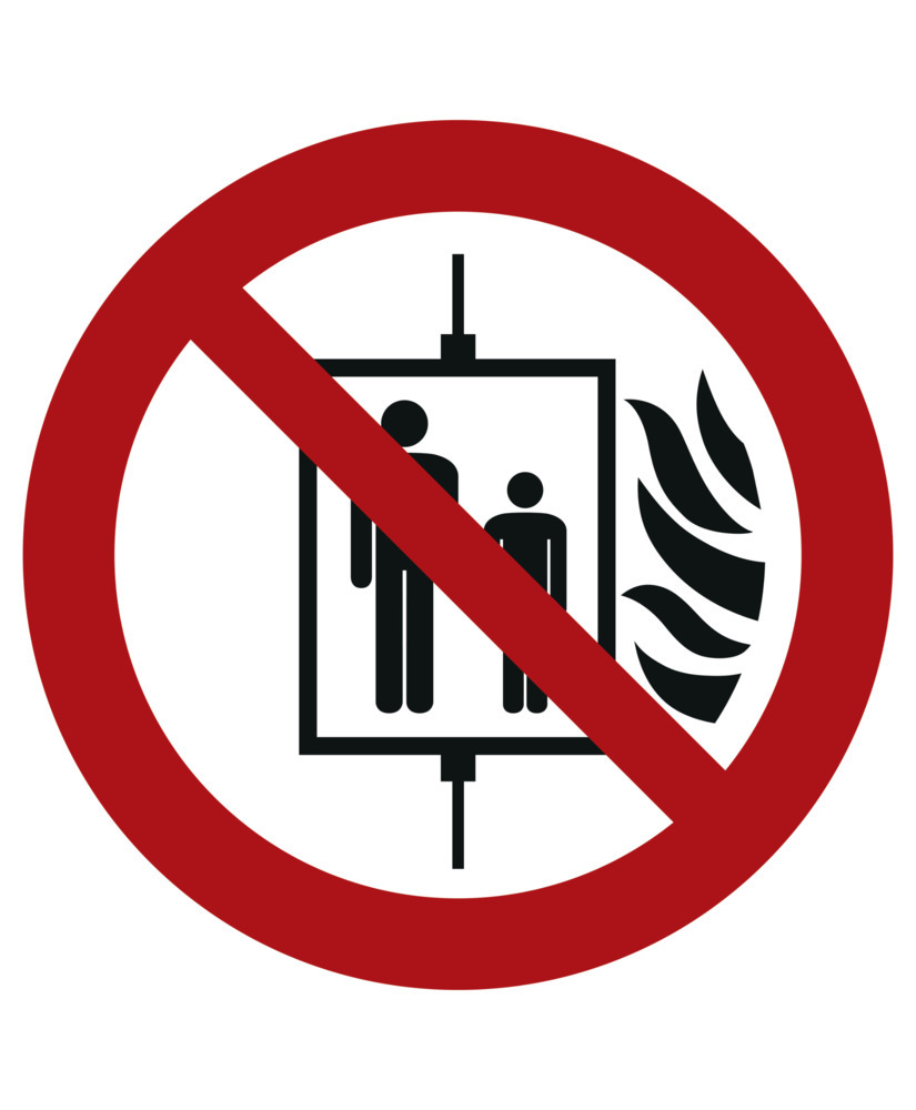 Prohibition sign Do not use lift in case of fire, ISO 7010, foil, s-adh, 100 mm, Pack = 10 units
