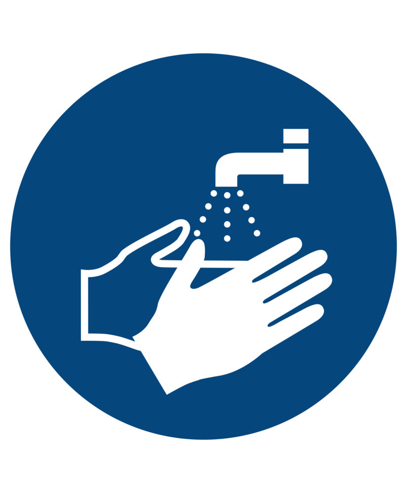 Määräysmerkki Pese kädet, ISO 7010, kalvo, itsekiinnittyvä, 100 mm, PY = 10 kpl