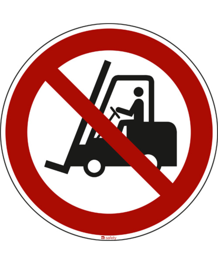 Forbudsskilt truckkørsel forbudt, ISO 7010, folie, selvklæbende, 200 mm, 10 stk.