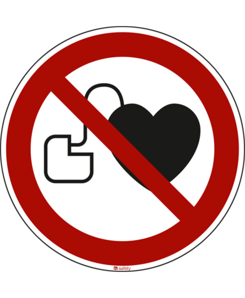 Prohibition sign No pacemakers or defibrillators, ISO 7010, foil, s-adh, 100 mm, Pack = 10 units