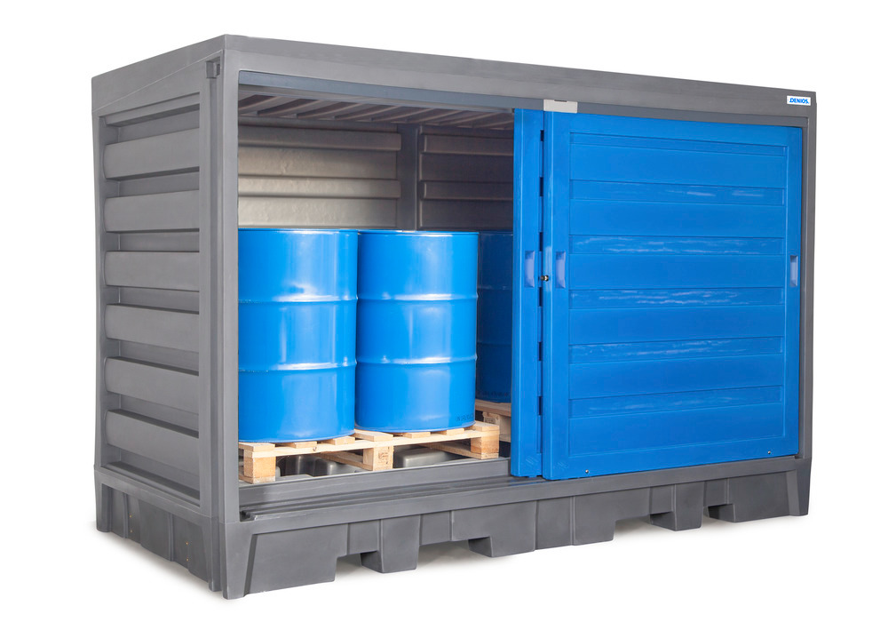 Box de stockage PolySafe type 2C, pour stocker jusqu'à 8 fûts de 200 litres sur palette Chimie