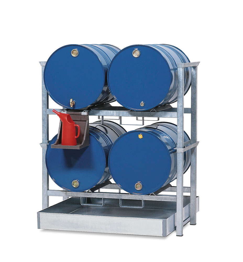 Drum rack AWS 1 for 4 x 205 litre drums, with spill pallet in steel - 205 l, PE dispensing tray