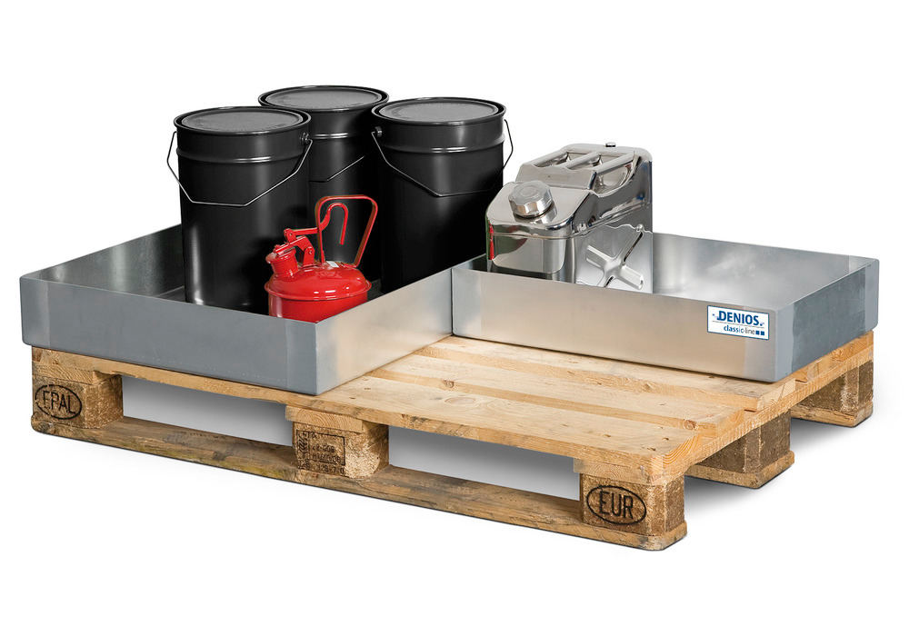 Galvanised steel spill tray for small containers on a Euro pallet combining 1 x model KBS 40 and 1 x model KBS 20, space for an additional model KBS 20 available
