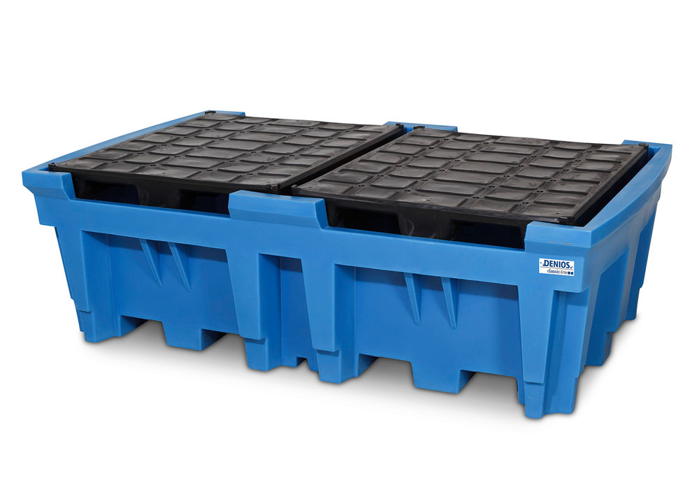 IBC spill pallet DENIOS classic-line with acid-resistant PE standing areas, for up to 2 x 1000 litre IBCs