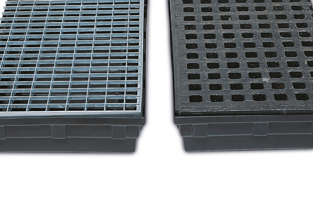 Galvanised or PE grid shelves are available as accessories for the spill trays for small containers