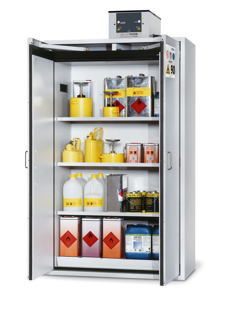 Whether in safety yellow (RAL 1004), meeting DIN 4844 or plain light grey (RAL 7035) - the hazardous materials cabinet type edition-g offers 90 minutes of fire resistance and safety for your stored hazardous materials