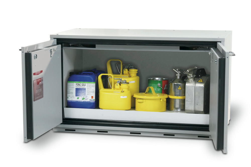 Hazardous materials cabinet Model GU-112 with floor spill pallet and grid cover, available either as a type 30 or type 90 cabinet. (Base and door hold-open device optional)