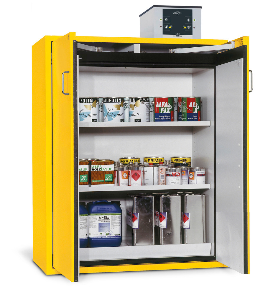 asecos fire-rated hazardous materials cabinet G 1200-F with wing doors, yellow