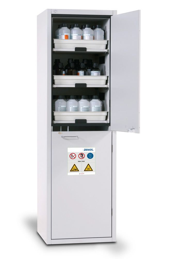 asecos acid and alkali cabinet SL 606 with door hinged right and 6 slide-out spill trays