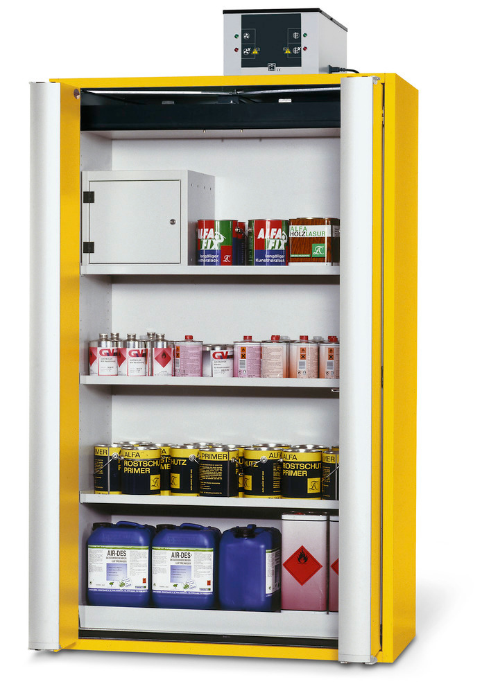 asecos fire-rated hazmat cabinet GF 1201 one touch, 3 shelves, yellow