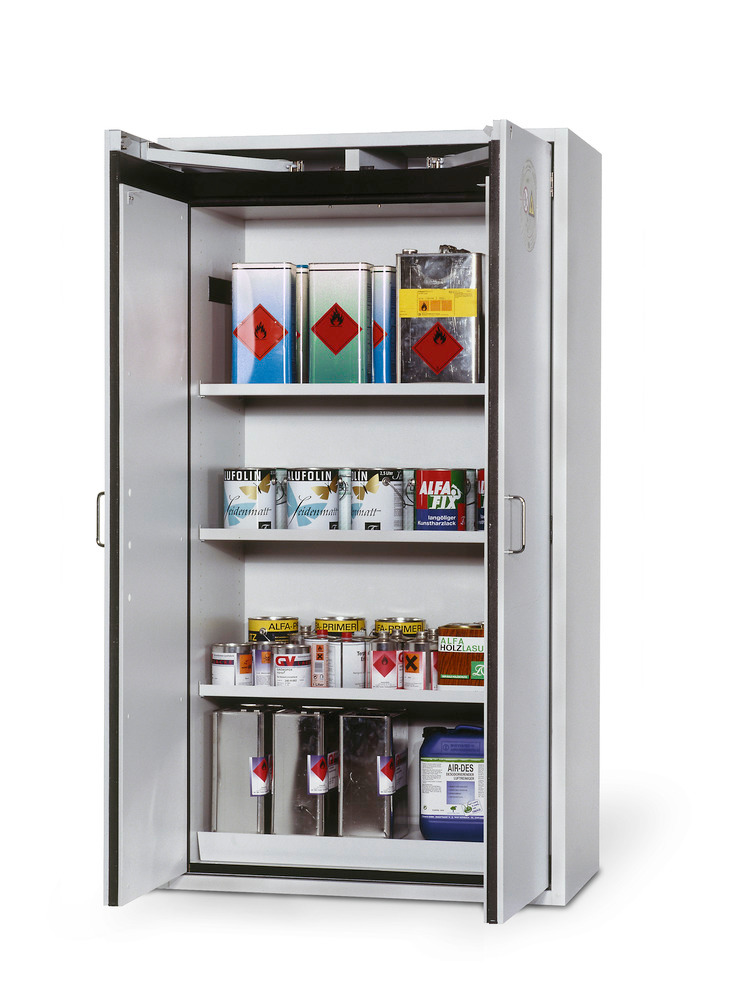 asecos fire-rated hazardous materials cabinet G 901 with 3 shelves, wing doors, grey