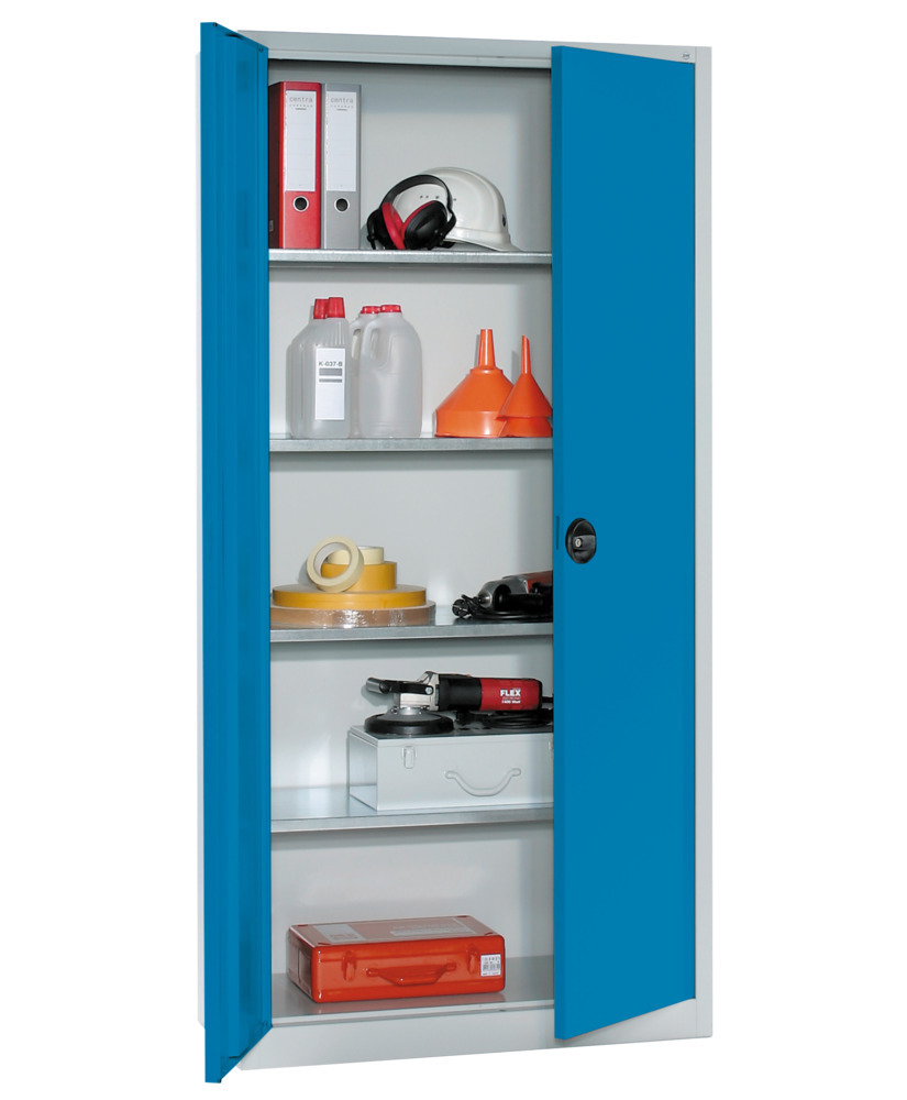 Equipment cabinet with 4 shelves, W 935, D 400, H 1950 mm, grey, doors blue