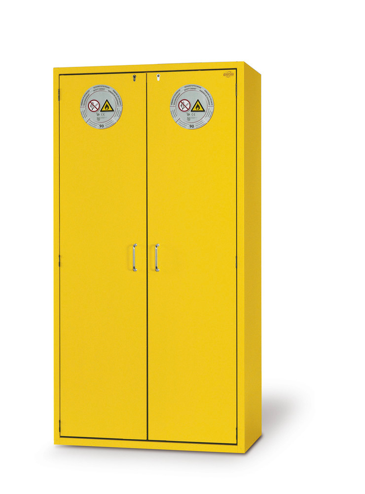asecos fire-rated hazardous materials cabinet G 901 with 3 shelves, wing doors, yellow