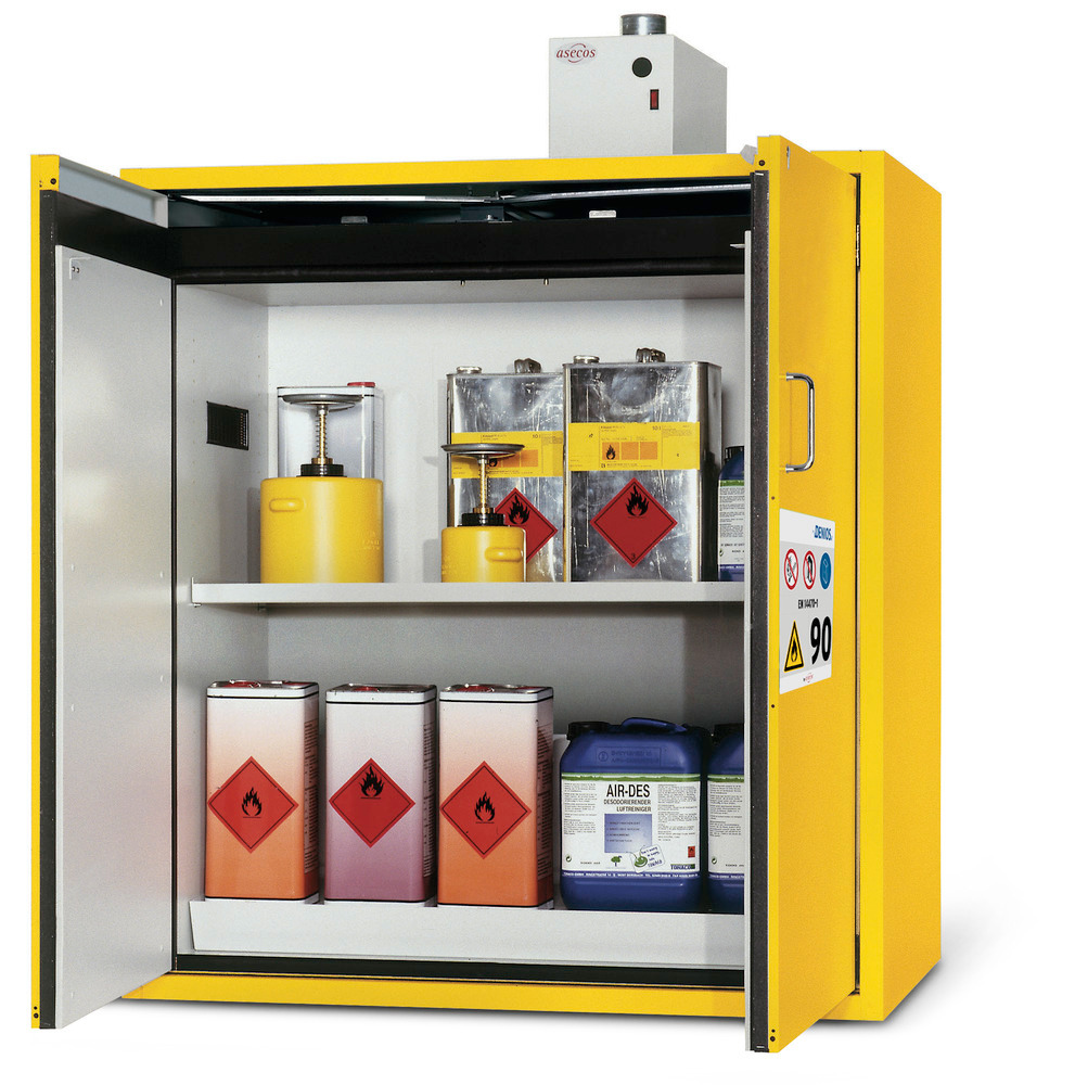 asecos fire-rated hazmat cabinet G 1200-FP one touch, with wing doors, yellow