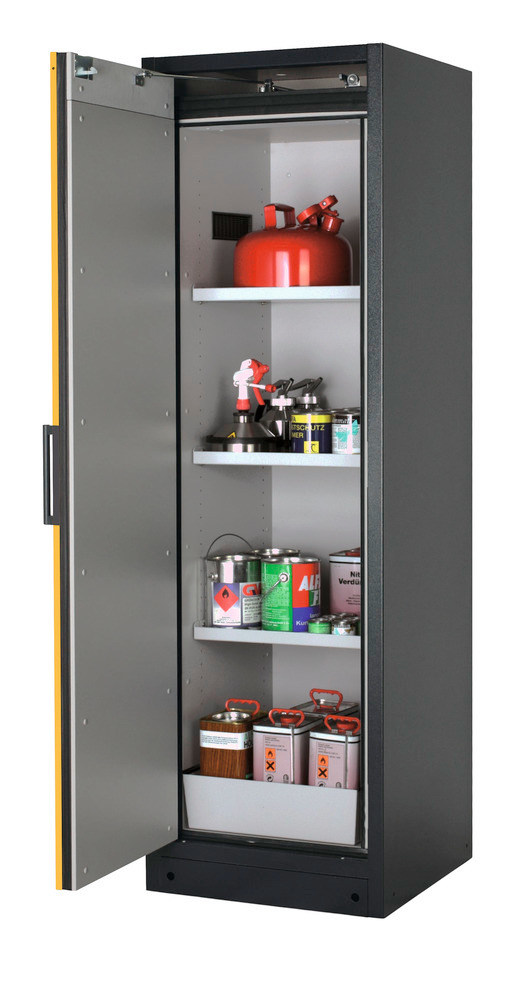 Hazardous materials cabinet Model W-63L, W 60 cm. Body colour: anthracite grey (RAL 7016), door in safety yellow (RAL 1004).