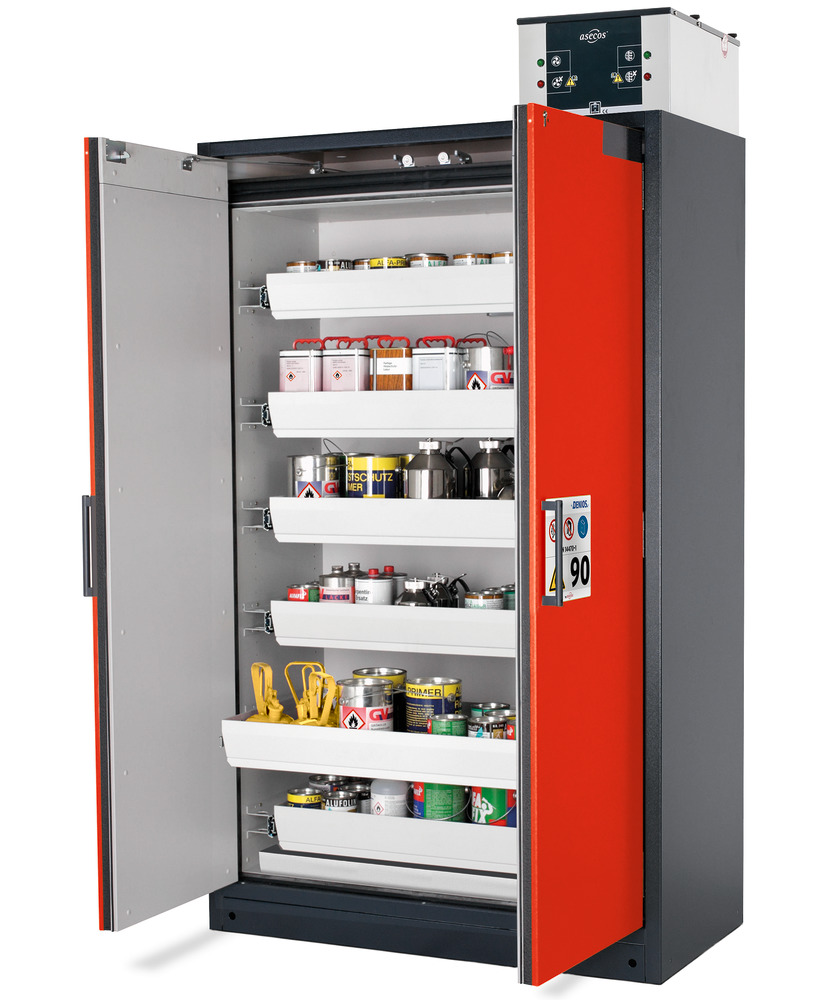 Hazardous materials cabinet Model W-126 with 6 spill trays and Stawa-R floor spill pallet, doors in traffic red (RAL 3020).