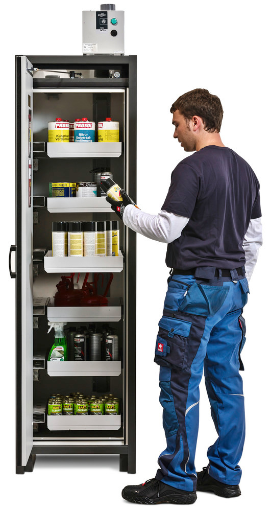 Basic-line hazardous materials storage cabinet model 30-66, with 6 slide-out spill trays. (Ventilation kit optional)
